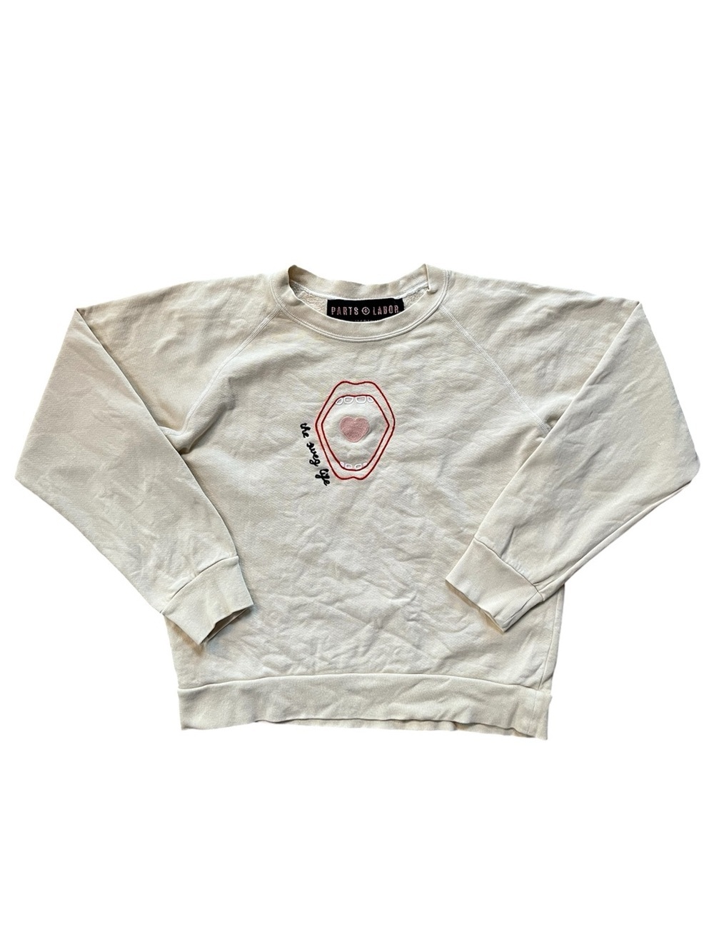 Parts + Labor Cream Away From Home Festival Crewneck Boxy Lip Graphic Sweatshirt